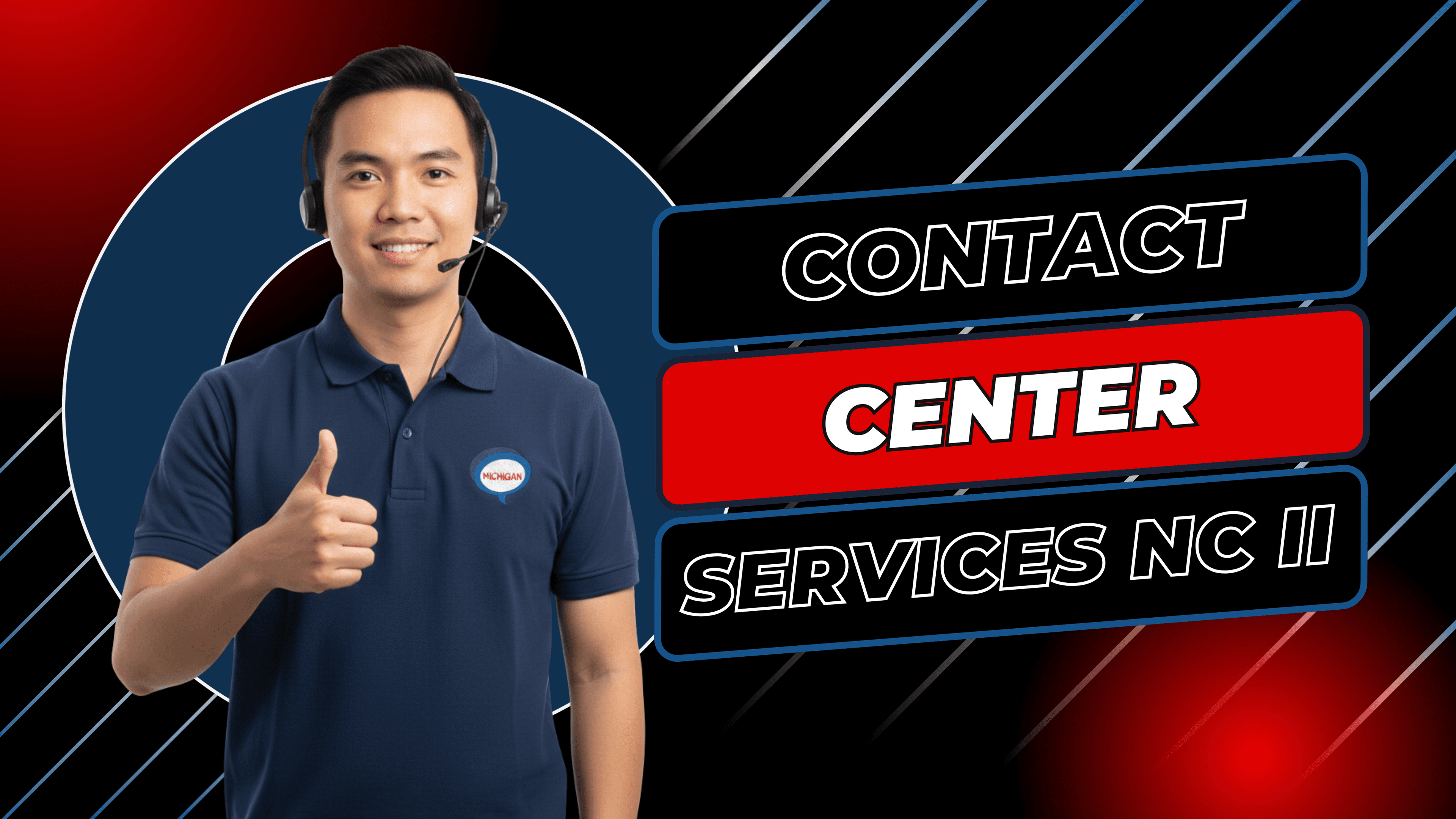 Contact Center Services NC II course banner with a headset-wearing agent giving a thumbs up