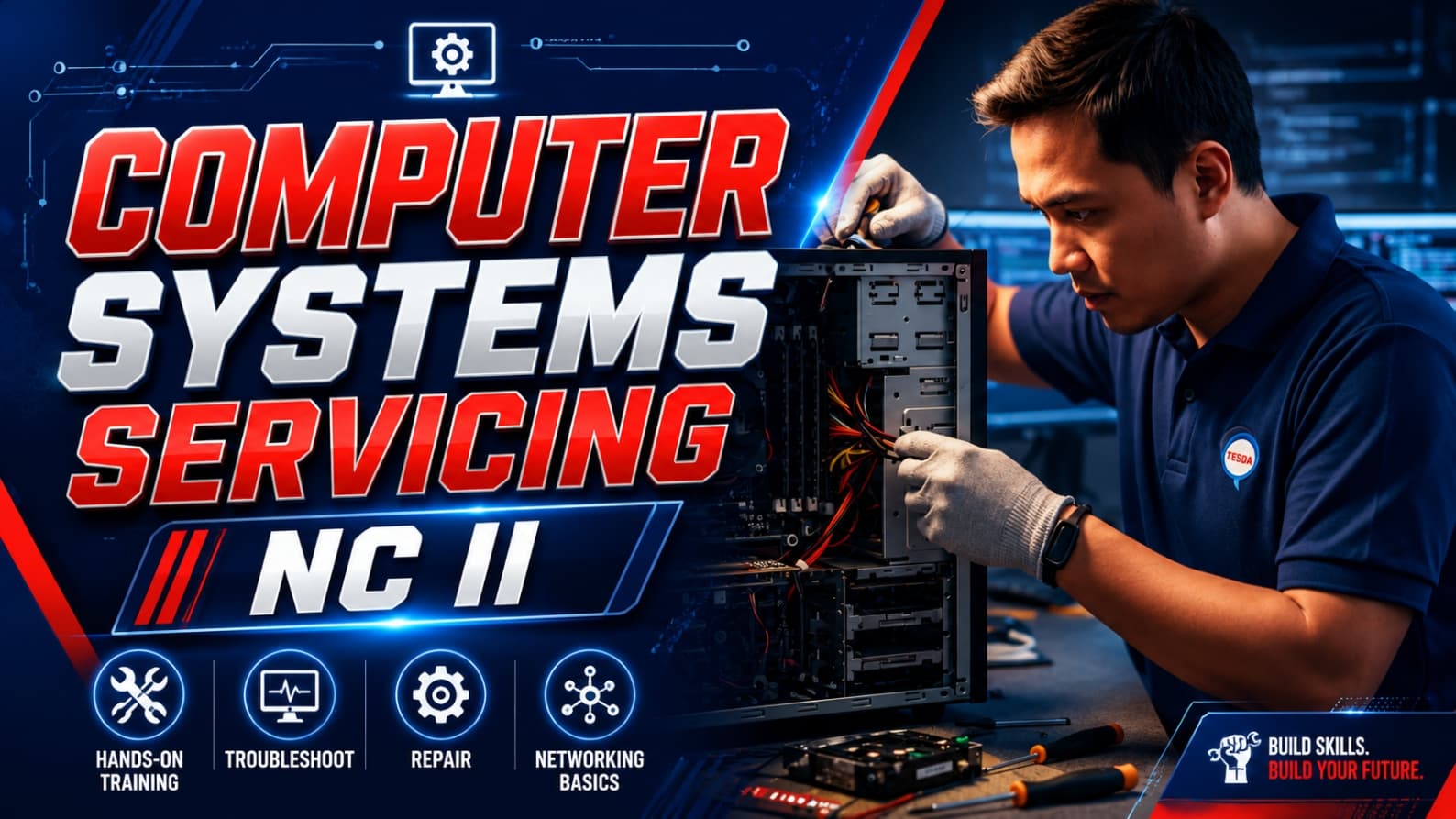 Computer Systems Servicing NC II course banner with a technician working inside a desktop computer