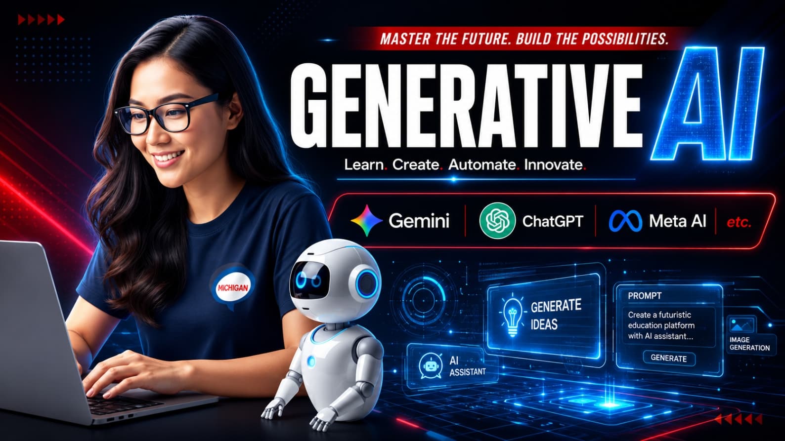 Generative AI Essentials course banner with a learner using a laptop beside an AI robot