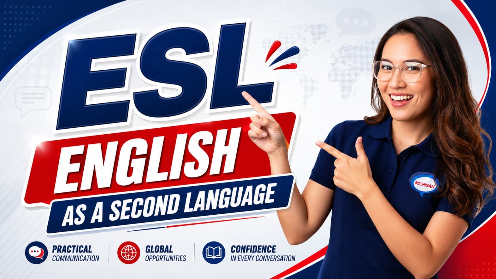 English as a Second Language course banner with an instructor pointing at the course title