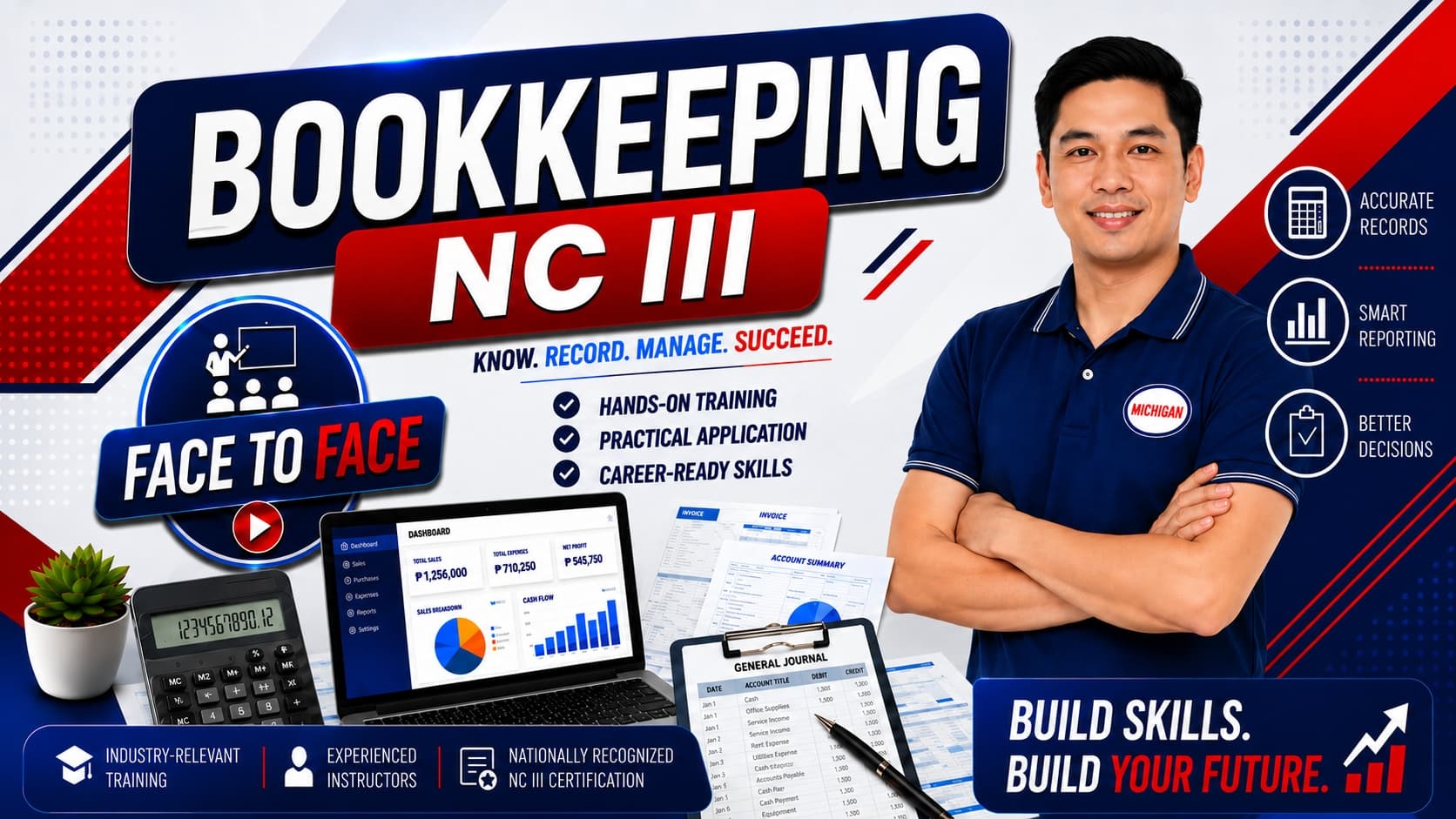 Bookkeeping NC III course banner with a learner holding a calculator