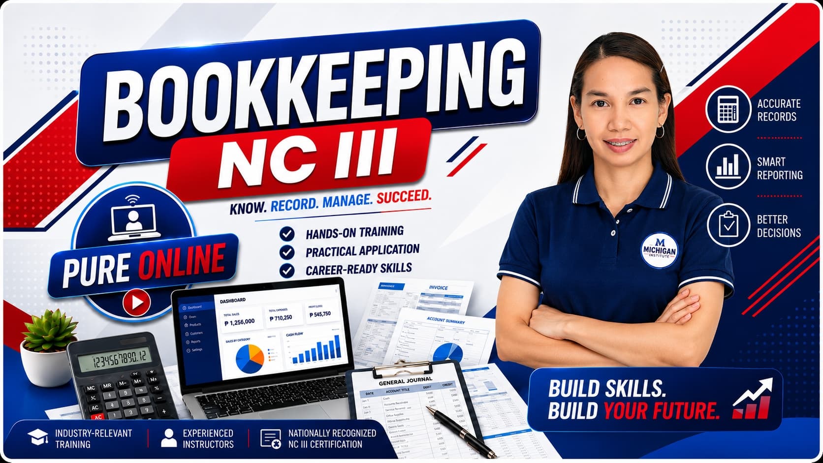 Bookkeeping NC III course banner with a learner holding a calculator